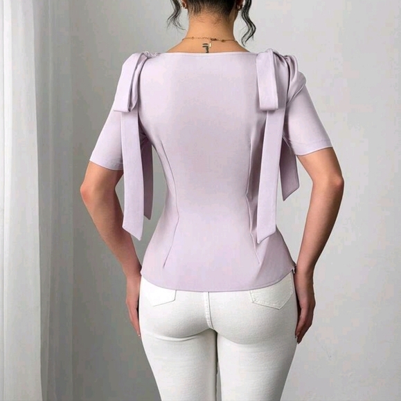 Women's Lace Patchwork Pearl Tie Detail Elegant Blouse - Picture 2 of 5